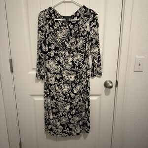 Lauren Ralph Lauren Women's‎ Black Ivory Floral Wrap Bodycon Dress Size 8